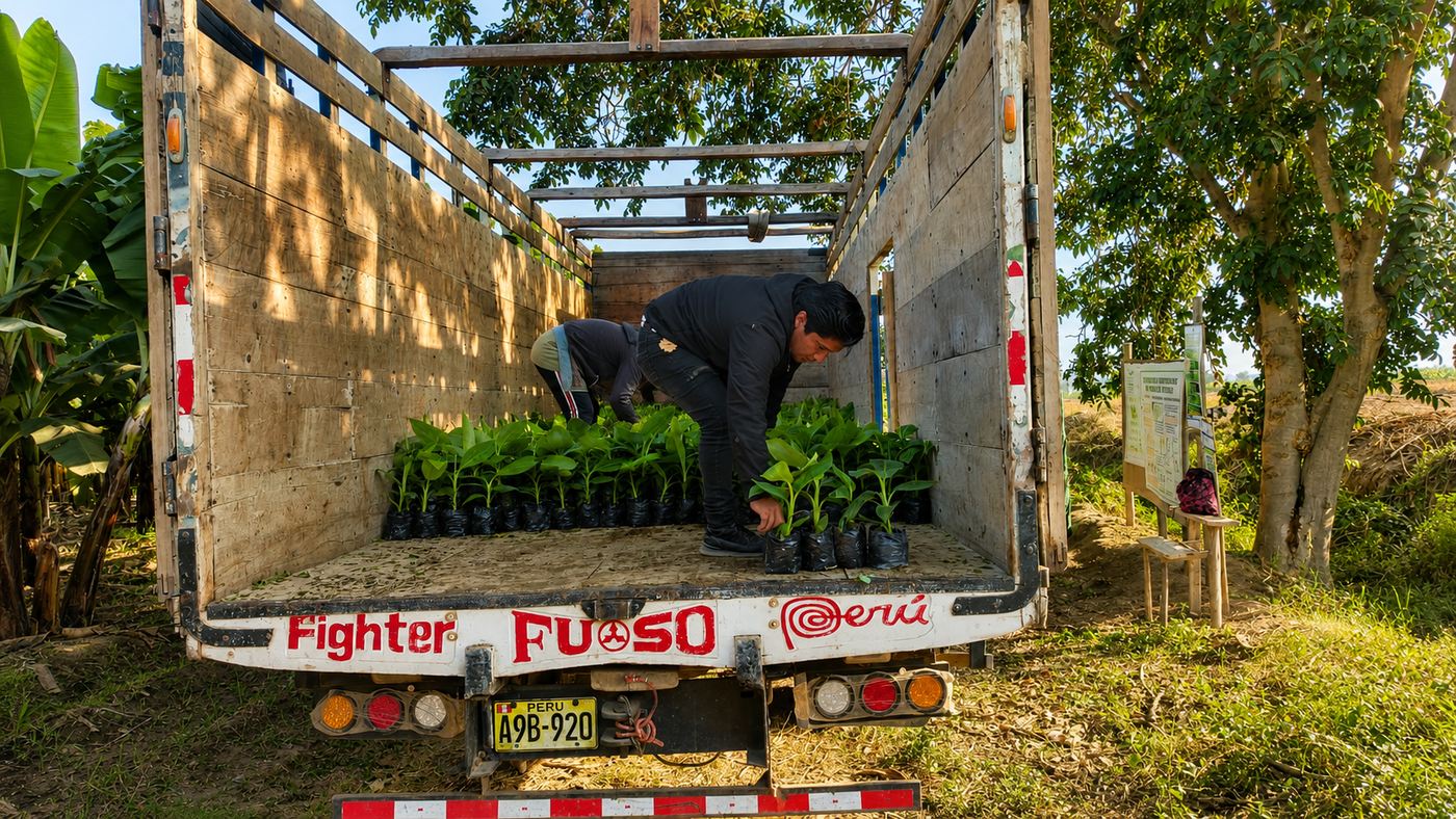 Camión cargado con plantones de banano listos para su distribución