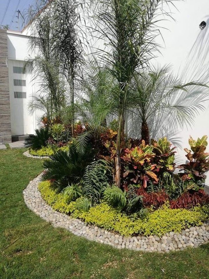 Jardín diseñado con crotons y borde de piedra